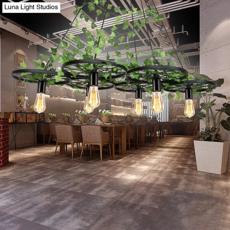 Rustic Metal Wagon Wheel Ceiling Light With Green Ivy Decor - Ideal For Restaurants