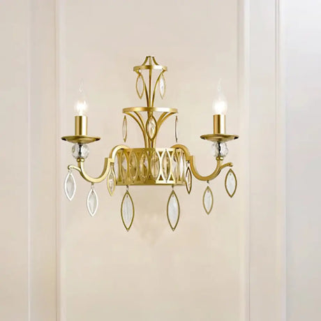 Rustic Metal Wall Sconce With Teardrop Crystal - 2 Lights Brass