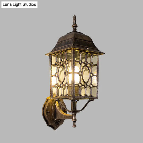 Rustic Metallic Grid Wall Sconce Lamp With Clear Glass Shade - 1 Bulb Courtyard Lighting