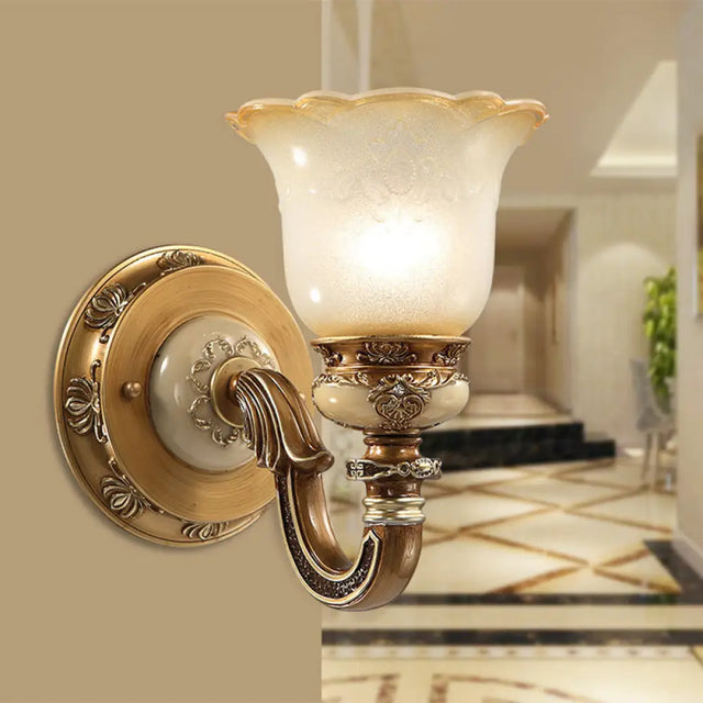 Rustic Milky Glass Flower-Shaped Wall Sconce - Brown Mountable Bedroom Light Fixture 1 /
