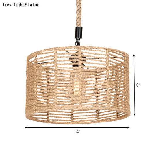 Rustic Natural Rope Drum Pendant Ceiling Lamp With 1 Bulb - Brown Finish | Perfect For Restaurants