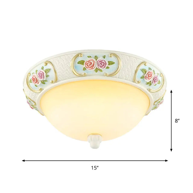 Rustic Opal Glass Dome Ceiling Flush Light White 15/19 W 3-Bulb Flushmount For Dining Room With Rose