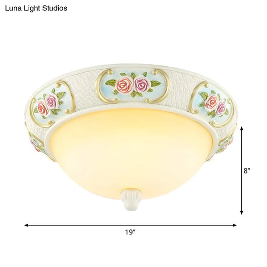 Rustic Opal Glass Dome Ceiling Flush Light White 15/19 W 3-Bulb Flushmount For Dining Room With Rose