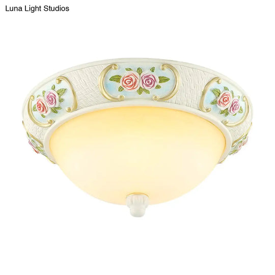 Rustic Opal Glass Dome Ceiling Flush Light White 15/19 W 3-Bulb Flushmount For Dining Room With Rose