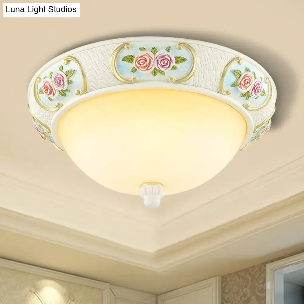 Rustic Opal Glass Dome Ceiling Flush Light White 15/19 W 3-Bulb Flushmount For Dining Room With Rose