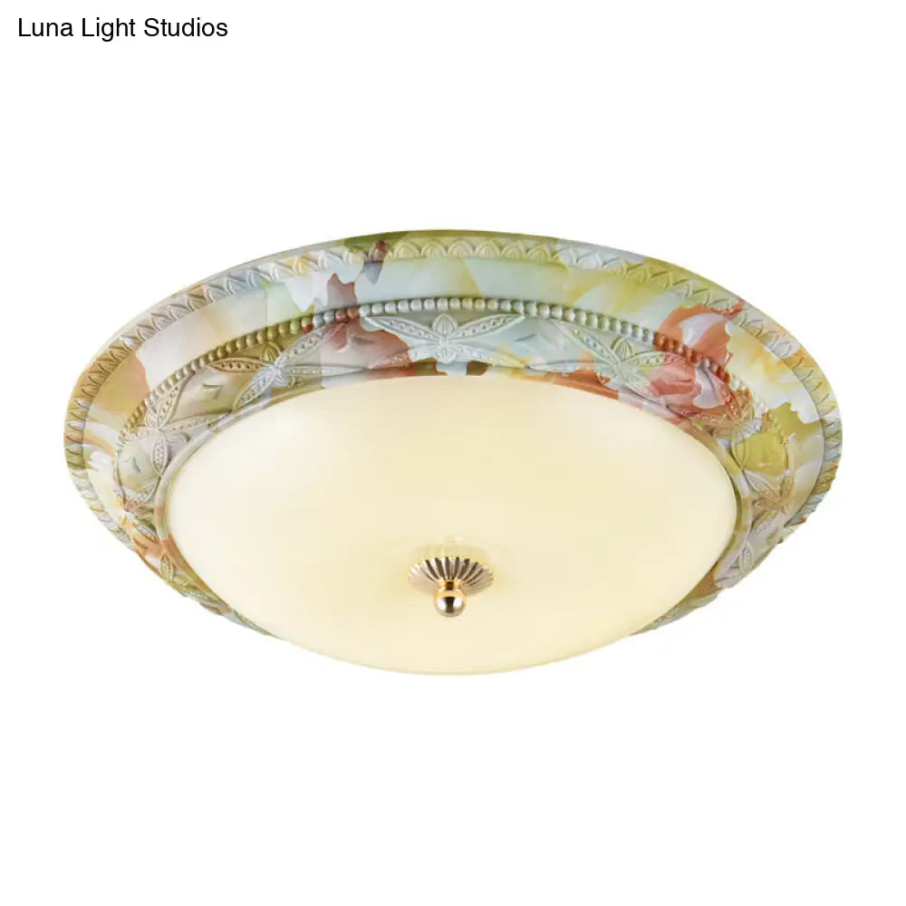 Rustic Opal Glass Tiered Ceiling Lamp - Led Flush Mount Light Fixture In White-Green For Living Room