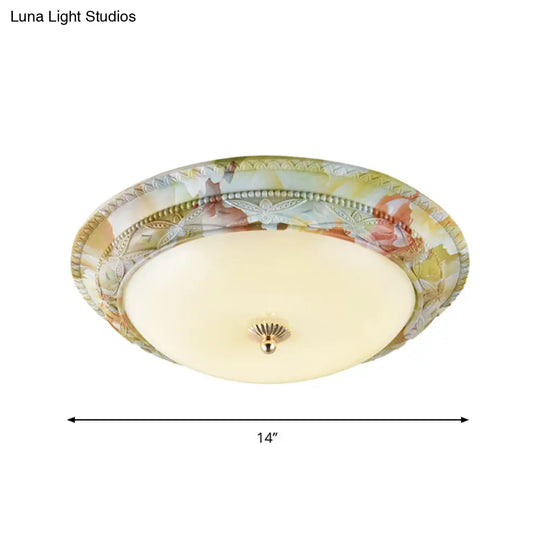Rustic Opal Glass Tiered Ceiling Lamp - Led Flush Mount Light Fixture In White - Green For Living