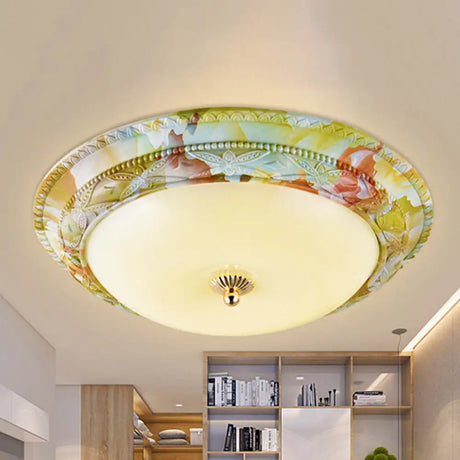 Rustic Opal Glass Tiered Ceiling Lamp - Led Flush Mount Light Fixture In White - Green For Living
