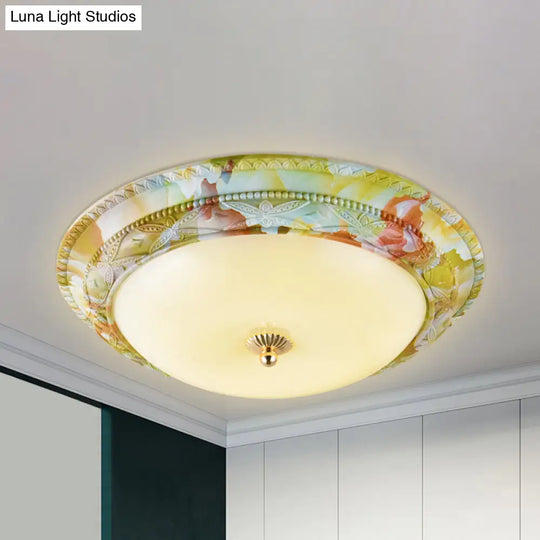 Rustic Opal Glass Tiered Ceiling Lamp - Led Flush Mount Light Fixture In White - Green For Living
