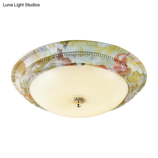 Rustic Opal Glass Tiered Ceiling Lamp - Led Flush Mount Light Fixture In White - Green For Living