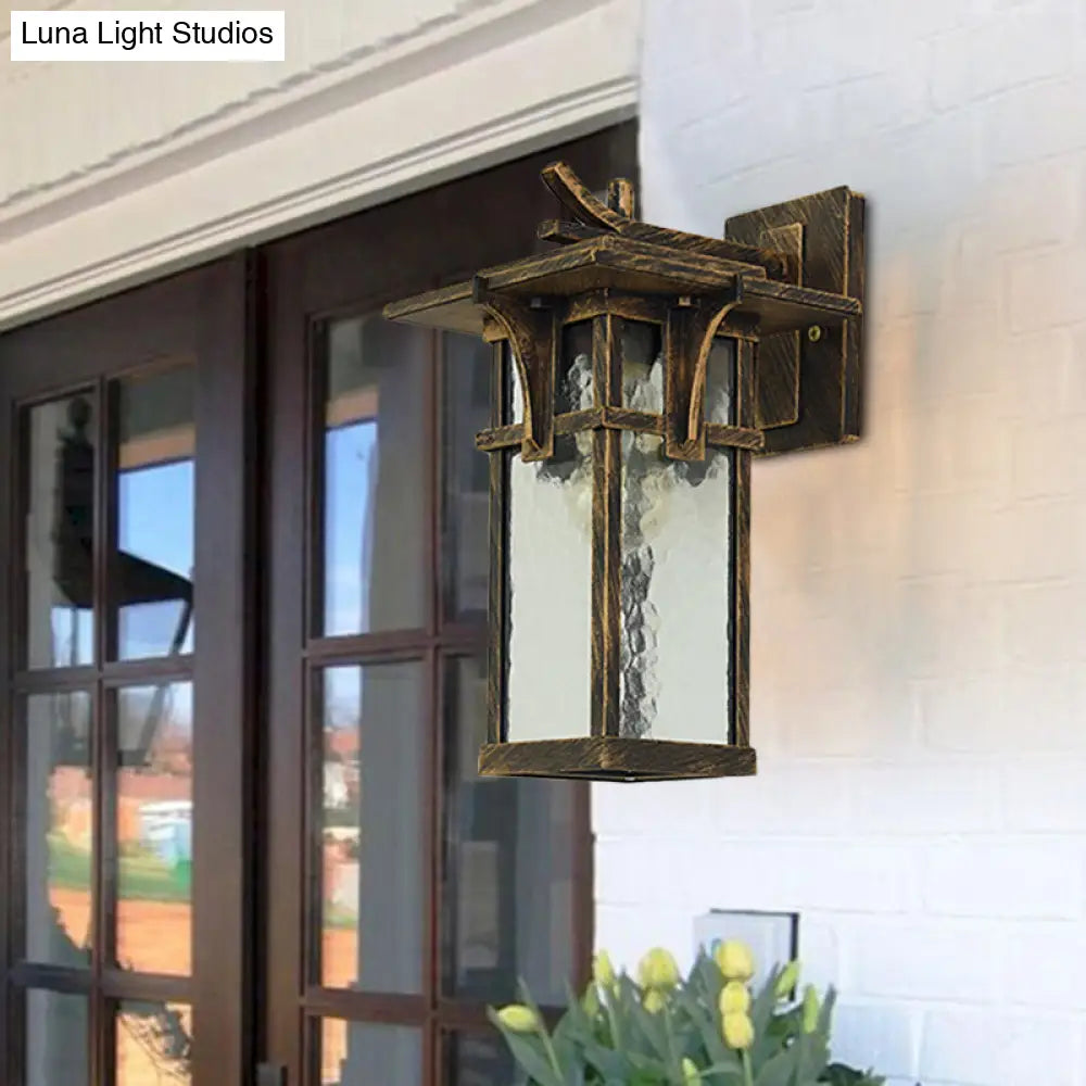 Rustic Outdoor Wall Sconce Light - Retro Lantern Style With Clear Water Glass Bronze/Black Finish