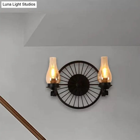 Rustic Outdoor Wall Sconce Lighting Fixture: Clear Glass Vase Shade 2-Bulb Design With Wheel