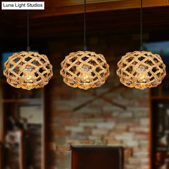 Brown Cross-Woven Rope Pendant Light With Oval Cluster Design - Cottage Kitchen Bar Ceiling Fixture