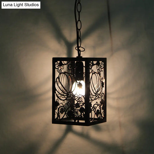 Rustic Pendant Ceiling Light With Cage - Traditional Metal 1 Hanging Lamp For Living Room