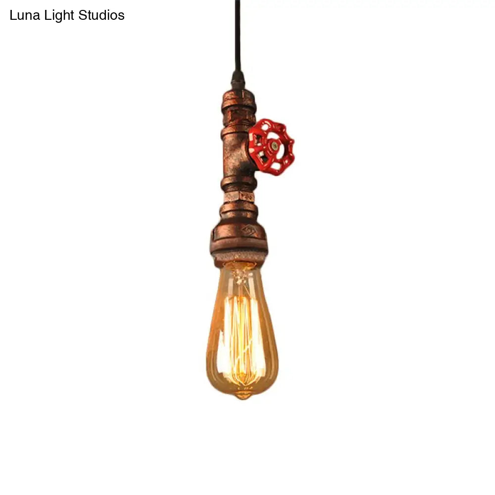 Rustic Pipe Hanging Lamp: Farmhouse Style Wrought Iron Light Fixture With Red Valve -