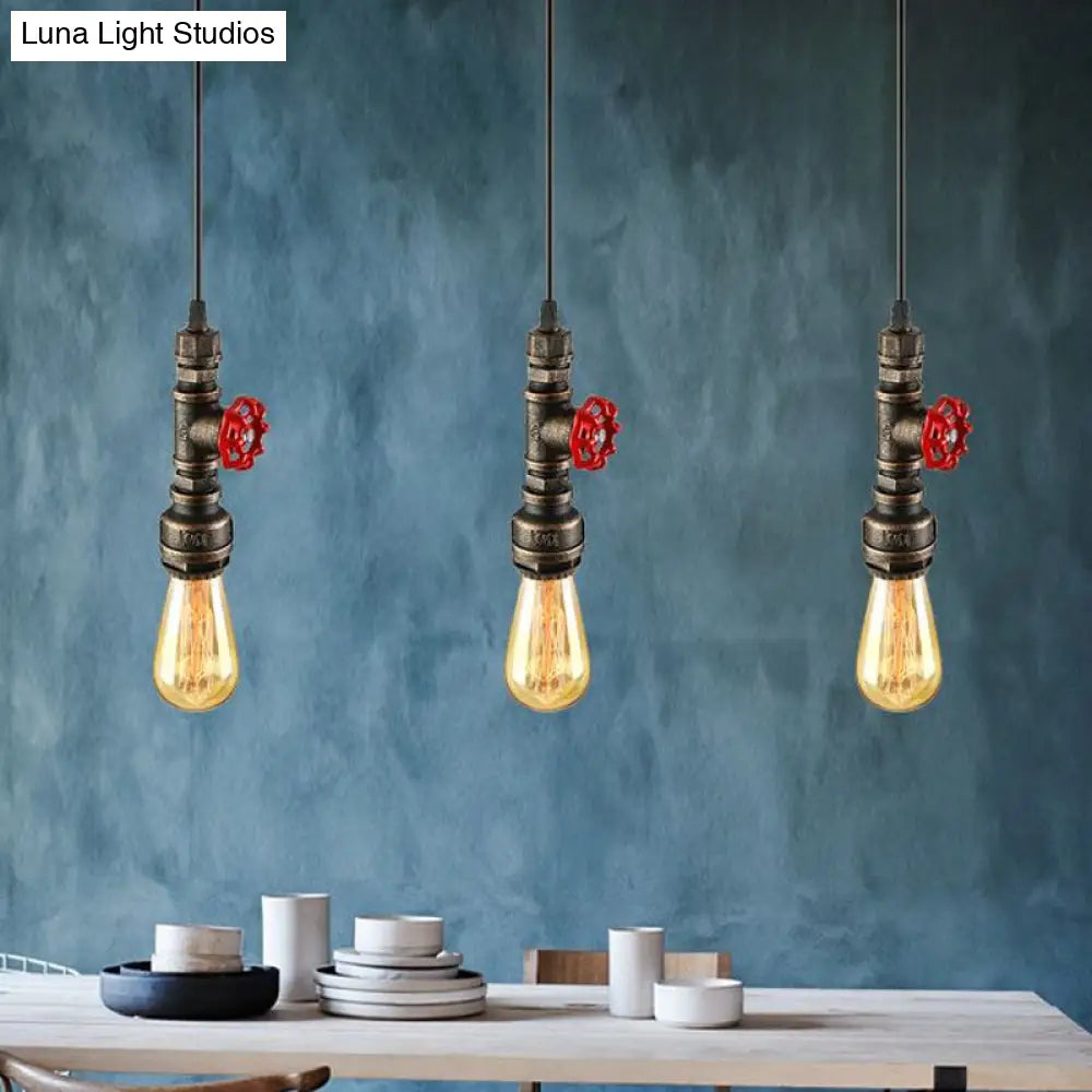 Rustic Pipe Hanging Lamp 1-Bulb Wrought Iron Light Fixture With Red Valve In Black/Silver/Brass