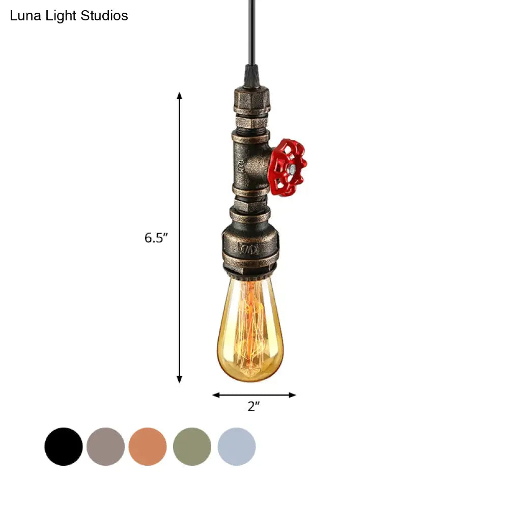 Rustic Pipe Hanging Lamp: Farmhouse Style Wrought Iron Light Fixture With Red Valve -