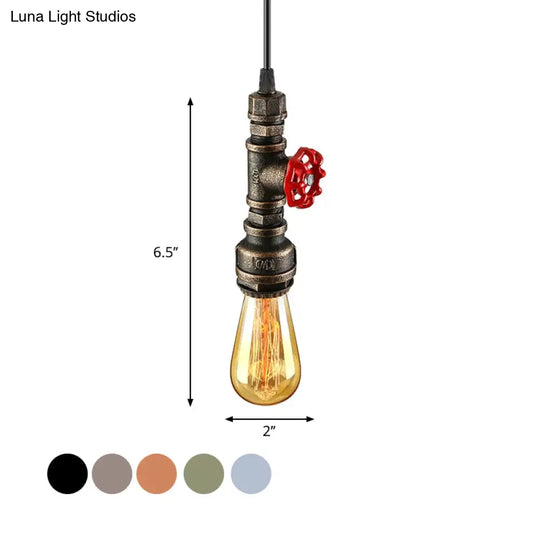 Rustic Pipe Hanging Lamp: Farmhouse Style Wrought Iron Light Fixture With Red Valve -