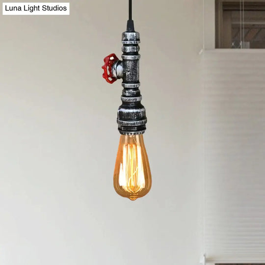 Rustic Pipe Hanging Lamp: Farmhouse Style Wrought Iron Light Fixture With Red Valve -
