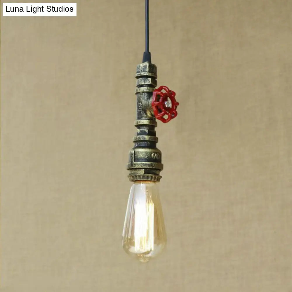 Rustic Pipe Hanging Lamp 1-Bulb Wrought Iron Light Fixture With Red Valve In Black/Silver/Brass