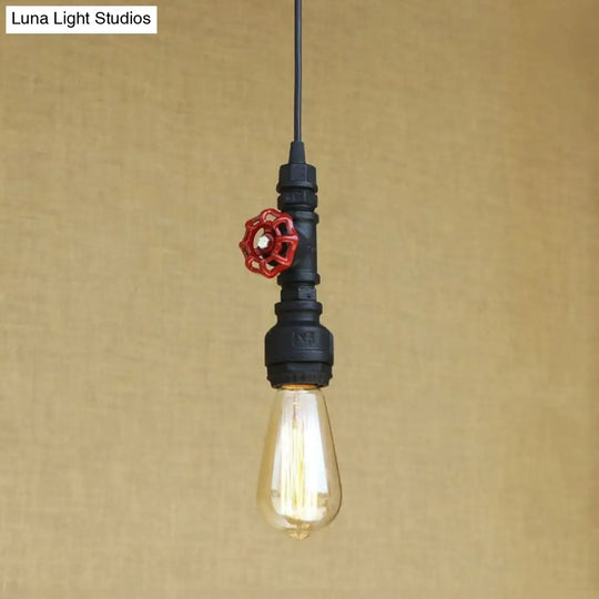 Rustic Pipe Hanging Lamp: Farmhouse Style Wrought Iron Light Fixture With Red Valve -