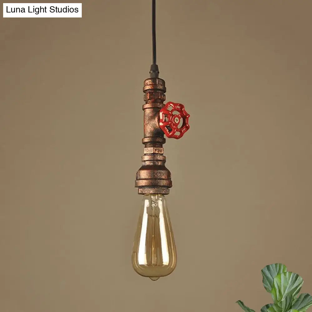 Rustic Pipe Hanging Lamp: Farmhouse Style Wrought Iron Light Fixture With Red Valve -