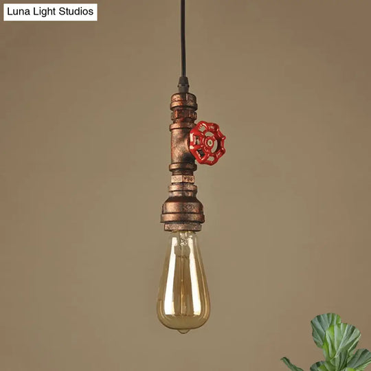 Rustic Pipe Hanging Lamp: Farmhouse Style Wrought Iron Light Fixture With Red Valve -