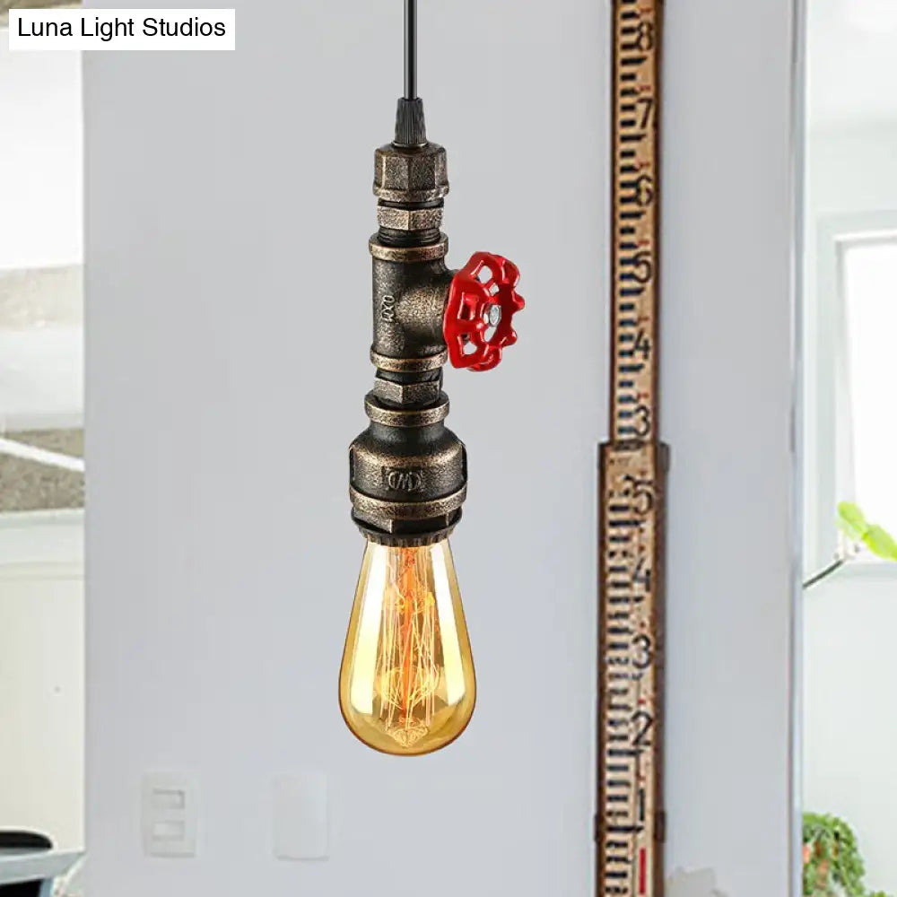 Rustic Pipe Hanging Lamp 1-Bulb Wrought Iron Light Fixture With Red Valve In Black/Silver/Brass