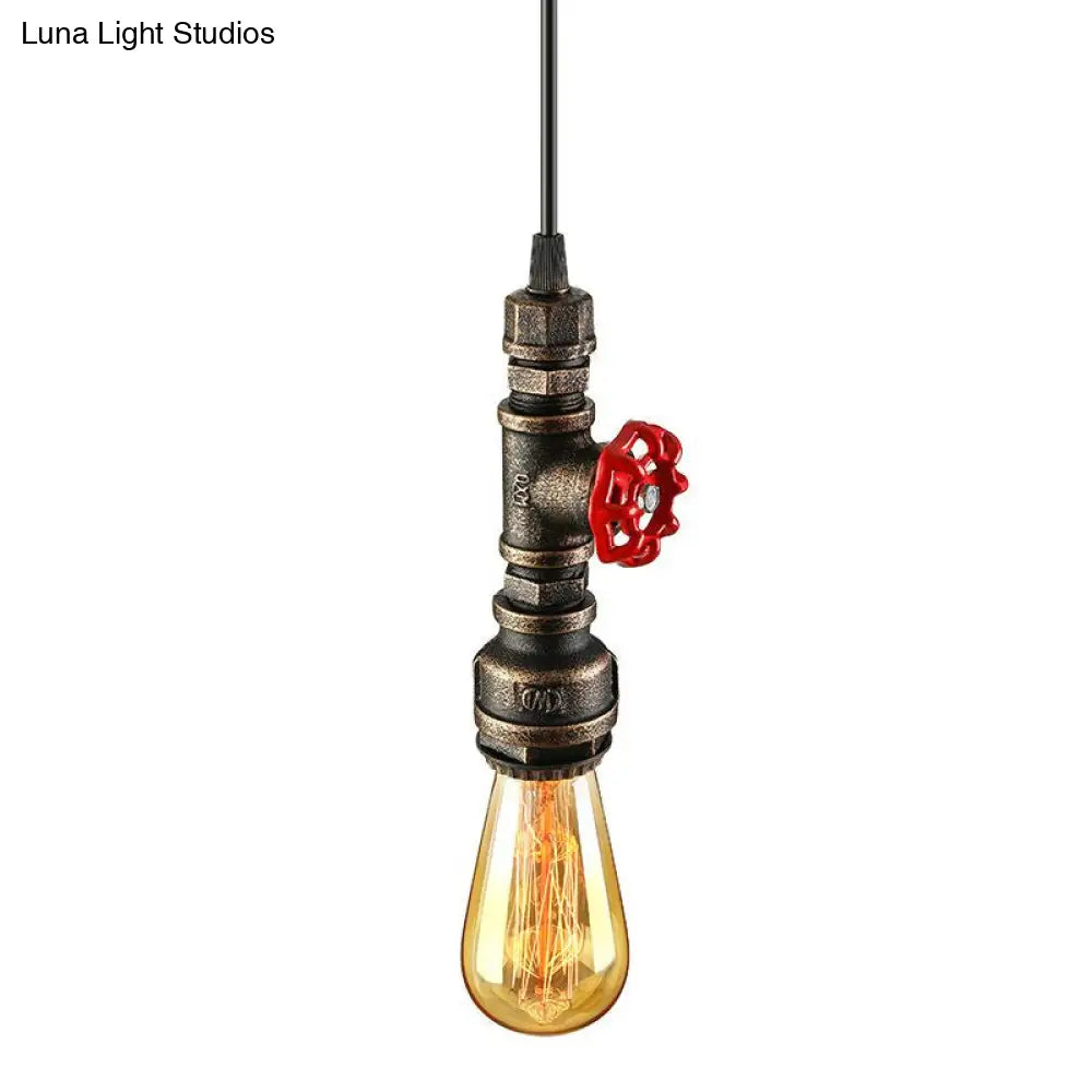 Rustic Pipe Hanging Lamp 1-Bulb Wrought Iron Light Fixture With Red Valve In Black/Silver/Brass