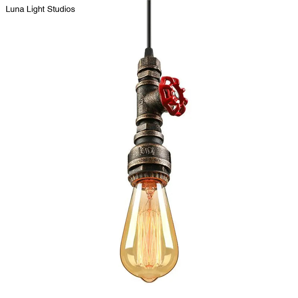 Rustic Pipe Hanging Lamp: Farmhouse Style Wrought Iron Light Fixture With Red Valve -