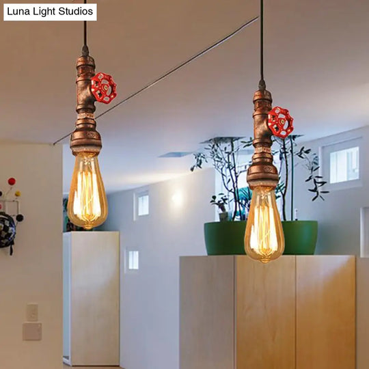 Rustic Pipe Hanging Lamp: Farmhouse Style Wrought Iron Light Fixture With Red Valve -