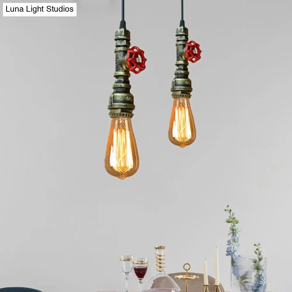 Rustic Pipe Hanging Lamp 1-Bulb Wrought Iron Light Fixture With Red Valve In Black/Silver/Brass