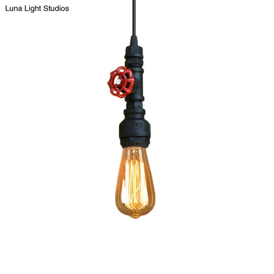 Rustic Pipe Hanging Lamp 1-Bulb Wrought Iron Light Fixture With Red Valve In Black/Silver/Brass