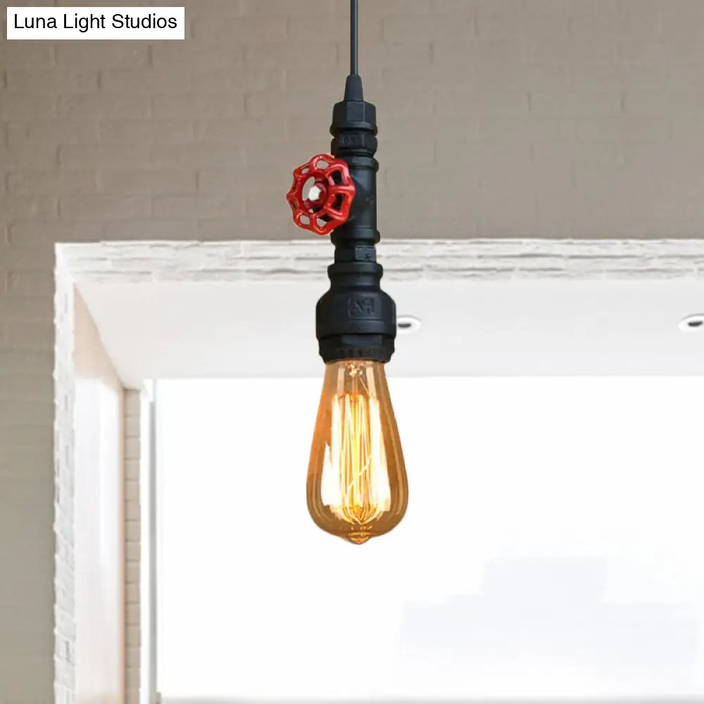 Rustic Pipe Hanging Lamp 1-Bulb Wrought Iron Light Fixture With Red Valve In Black/Silver/Brass
