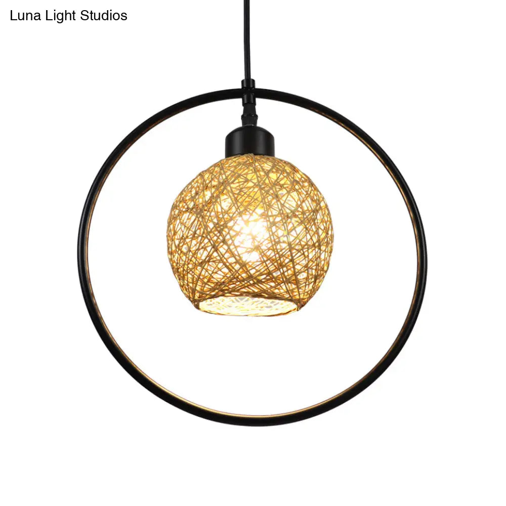 Rustic Rattan Ball Shade Hanging Light - Beige/White Single Pendant Lamp With Black Metal Ring