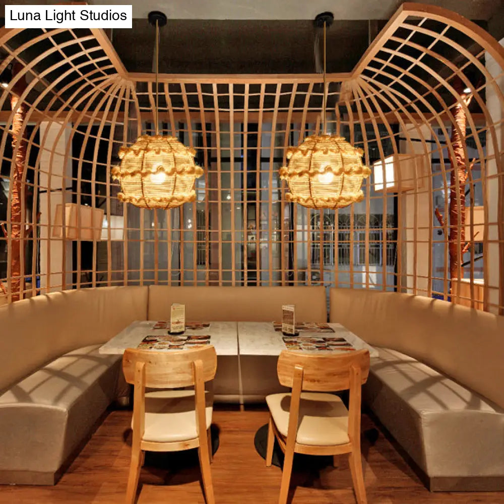 Rustic Rattan Globe Pendant Light In Beige/Black For Table