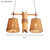 Rustic Rattan Shade Pendant Light Fixture - 2 Bulbs Countryside Island Lighting With Bamboo Design