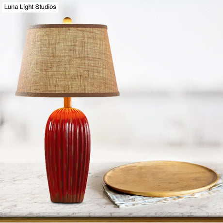 Rustic Red/Blue Ceramic Table Lamp With Tapered Drum Shade