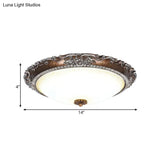 Rustic Red Brown Flush Mount Led Ceiling Light With Frosted Glass Bowl Shade - Ideal For Living Room