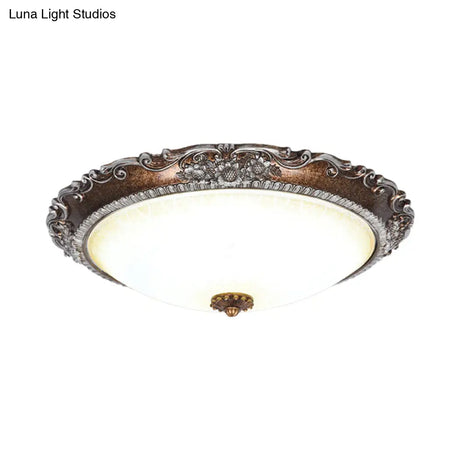 Rustic Red Brown Flush Mount Led Ceiling Light With Frosted Glass Bowl Shade - Ideal For Living Room