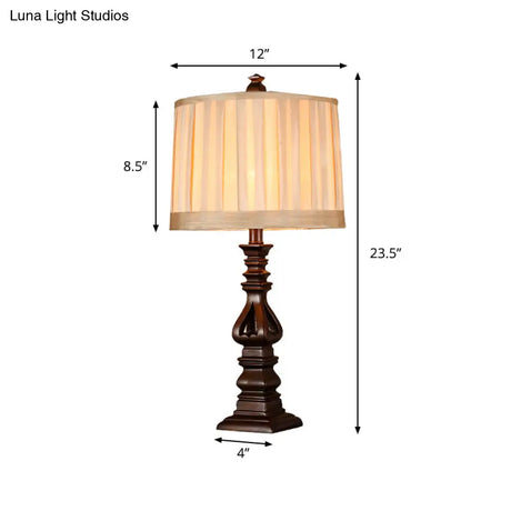 Rustic Red Brown Pleated Fabric Table Lamp: 1 Head Drum Shade Nightstand Light For Living Room