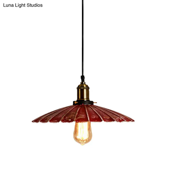 Rustic Red Scalloped Shade Pendant Lamp - Metallic Finish Ideal For Coffee Shops 1 Bulb Hanging