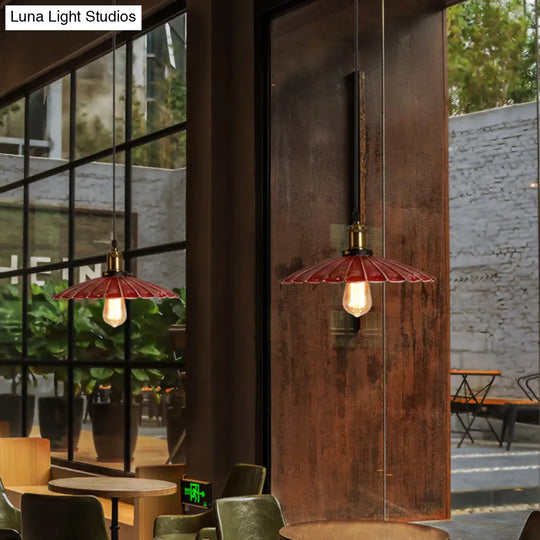 Rustic Red Scalloped Shade Pendant Lamp - Metallic Finish Coffee Shop Hanging Light Fixture