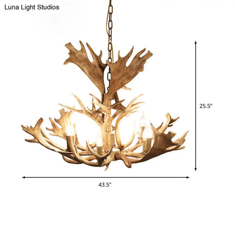 Rustic Resin Brown Hanging Chandelier Light Fixture - Candle-Style 8 Bulbs Dining Room Pendant