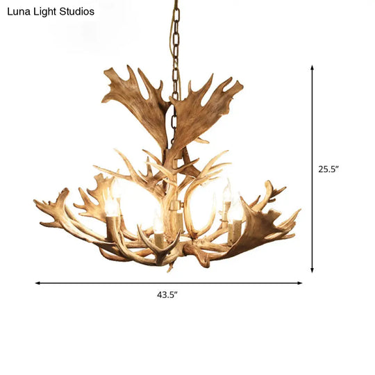Rustic Resin Brown Hanging Chandelier Light Fixture - Candle-Style 8 Bulbs Dining Room Pendant