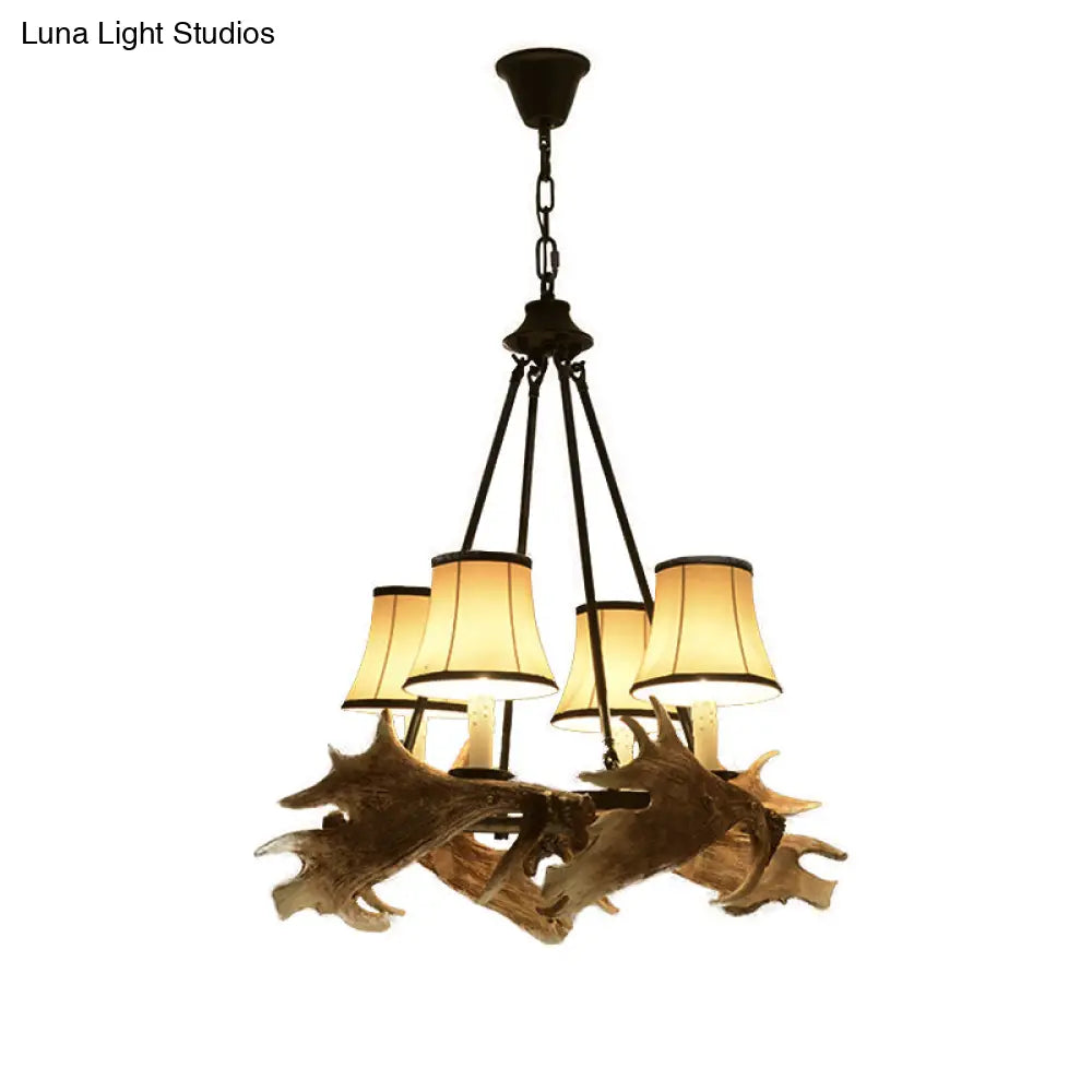 Rustic Resin Dining Room Chandelier - Tapered Design 4 Lights Beige Hanging Fixture With Fabric