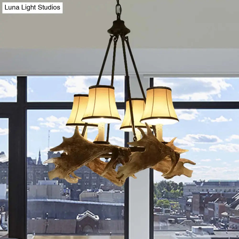 Rustic Resin Dining Room Chandelier - Tapered Design 4 Lights Beige Hanging Fixture With Fabric