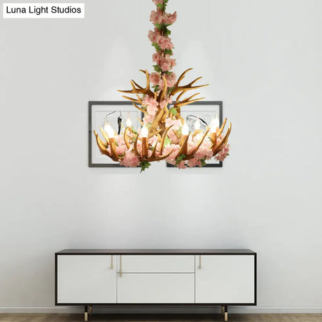 Rustic Resin Hanging Lamp - Candle Living Room Pendant Light With 4/6/12 Bulbs Pink/Green Chandelier