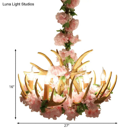 Rustic Resin Hanging Lamp - Candle Living Room Pendant Light With 4/6/12 Bulbs Pink/Green Chandelier