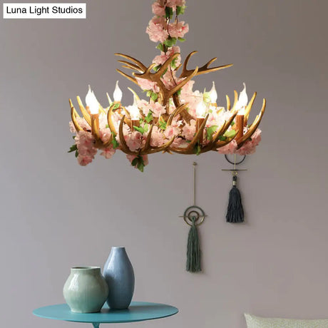 Rustic Resin Hanging Lamp - Candle Living Room Pendant Light With 4/6/12 Bulbs Pink/Green Chandelier